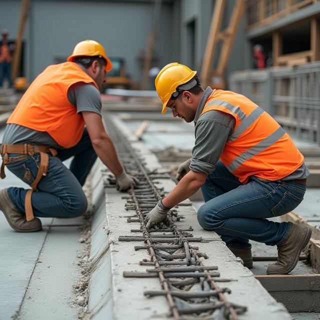 Travailleurs armant une dalle béton